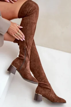 Damskie Boto Kozaki Na Obcasie Klocku Za Kolano Z Eko Zamszu Brązowe Galadi