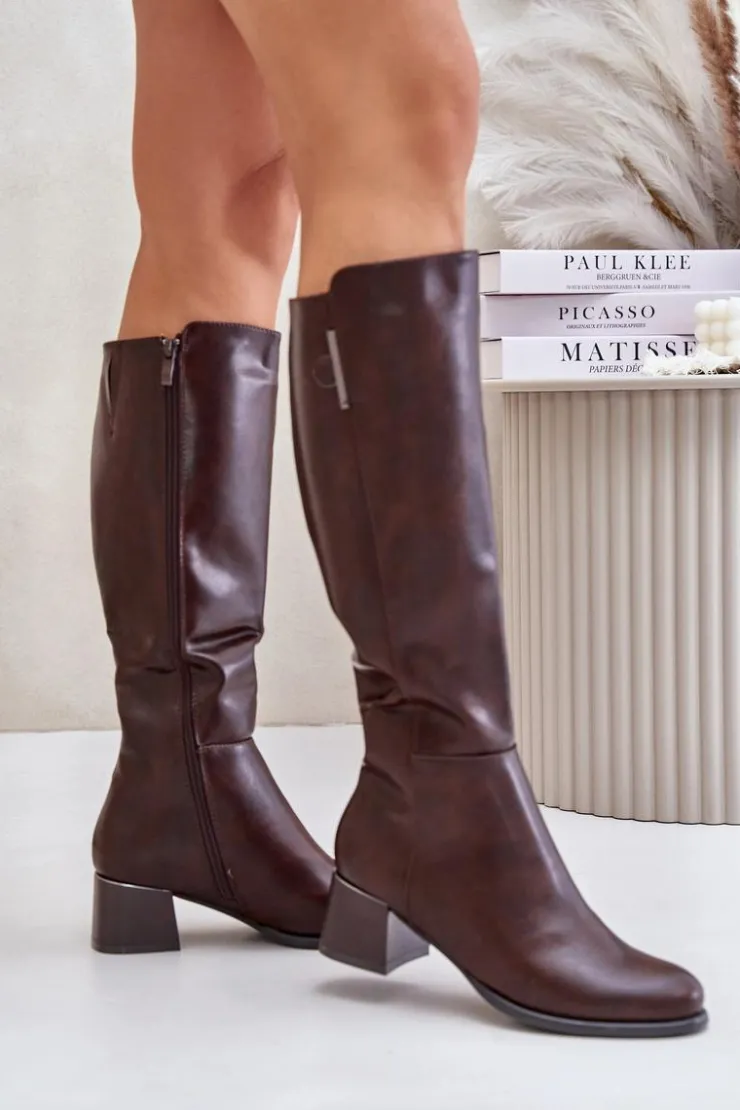 Discount Boto Kozaki Na Obcasie Z Eko Skóry Przed Kolano Brązowe Izanae