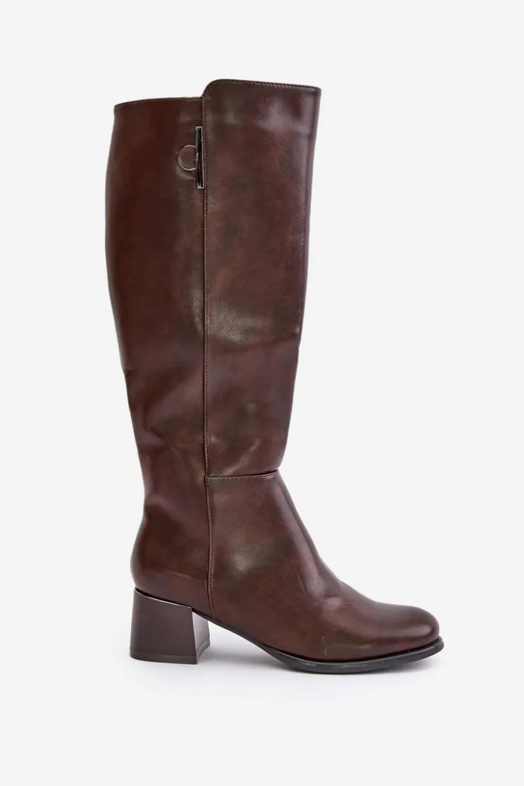 Discount Boto Kozaki Na Obcasie Z Eko Skóry Przed Kolano Brązowe Izanae