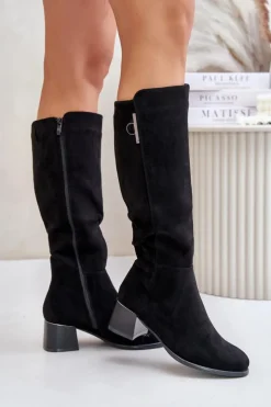 Damskie Boto Kozaki Na Obcasie Z Eko Zamszu Przed Kolano Czarne Izanae