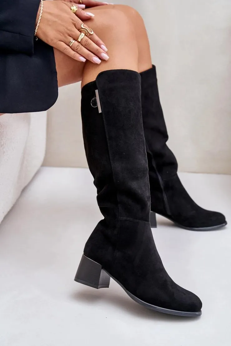 Damskie Boto Kozaki Na Obcasie Z Eko Zamszu Przed Kolano Czarne Izanae