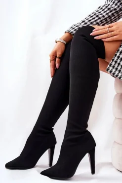 Damskie Boto Kozaki Na Obcasie Ze Skarpetą Czarne Renoli