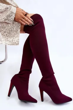 Damskie Boto Kozaki Na Obcasie Ze Skarpetą Bordowe Renoli