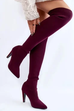 Damskie Boto Kozaki Na Obcasie Ze Skarpetą Bordowe Renoli