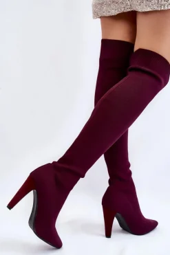 Damskie Boto Kozaki Na Obcasie Ze Skarpetą Bordowe Renoli