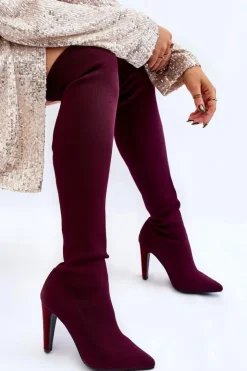 Damskie Boto Kozaki Na Obcasie Ze Skarpetą Bordowe Renoli
