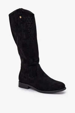 Damskie buty S.Barski Kozaki Wiosenne|Kozaki Ażurowe*Kozaki Na Płaskim Obcasie Z Ażurowym Wzorem S.Barski HY51-062 Czarne Czarny