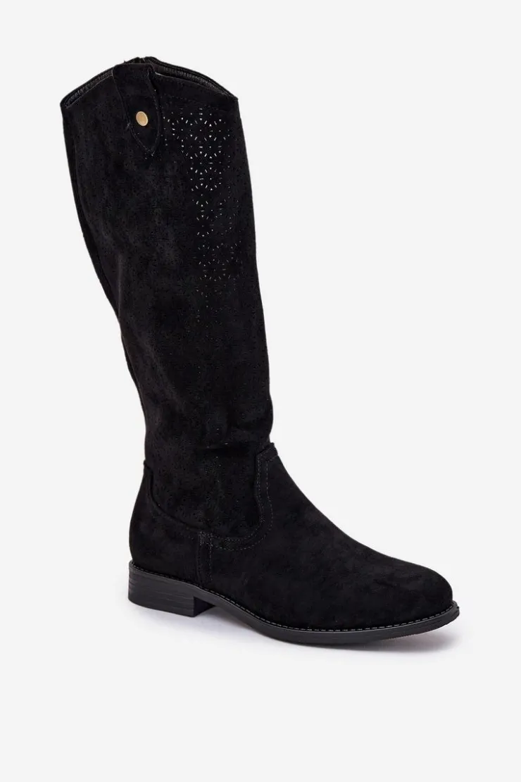 Damskie buty S.Barski Kozaki Wiosenne|Kozaki Ażurowe*Kozaki Na Płaskim Obcasie Z Ażurowym Wzorem S.Barski HY51-062 Czarne Czarny