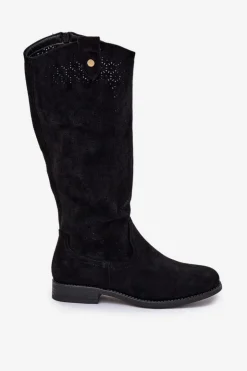 Damskie buty S.Barski Kozaki Wiosenne|Kozaki Ażurowe*Kozaki Na Płaskim Obcasie Z Ażurowym Wzorem S.Barski HY51-062 Czarne Czarny