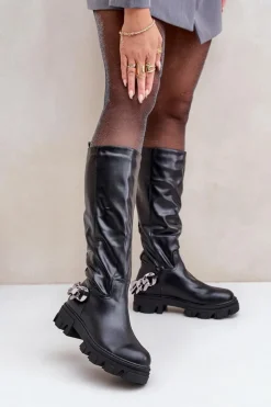 Boto Kozaki Ocieplane|Kozaki Płaskie*Kozaki Na Płaskim Obcasie Z Łańcuchem Czarne Nauricette