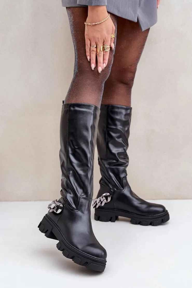 Boto Kozaki Ocieplane|Kozaki Płaskie*Kozaki Na Płaskim Obcasie Z Łańcuchem Czarne Nauricette