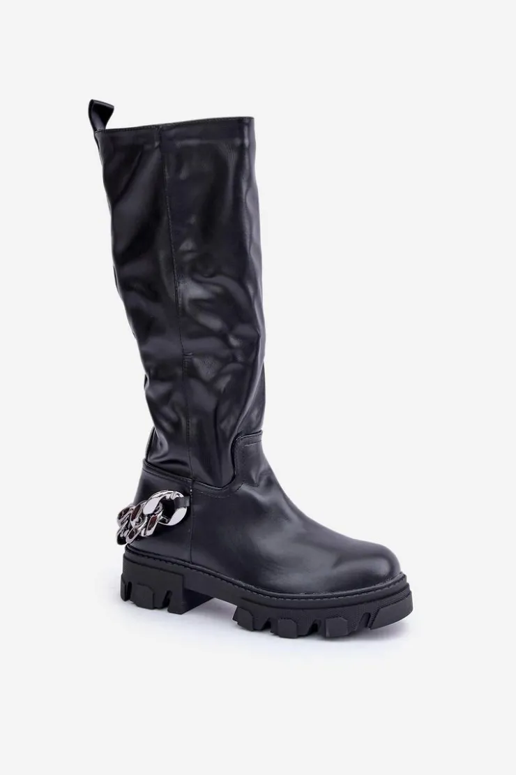 Boto Kozaki Ocieplane|Kozaki Płaskie*Kozaki Na Płaskim Obcasie Z Łańcuchem Czarne Nauricette