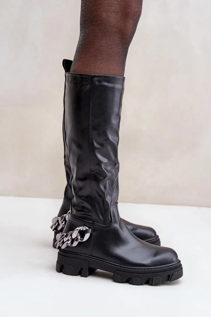 Boto Kozaki Ocieplane|Kozaki Płaskie*Kozaki Na Płaskim Obcasie Z Łańcuchem Czarne Nauricette