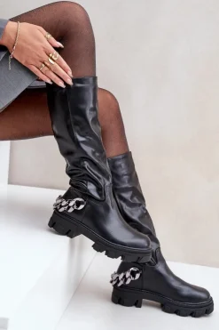 Boto Kozaki Ocieplane|Kozaki Płaskie*Kozaki Na Płaskim Obcasie Z Łańcuchem Czarne Nauricette