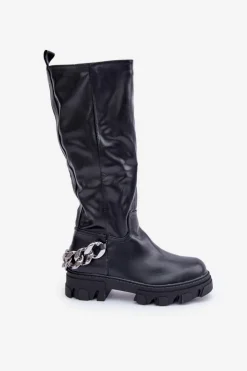 Boto Kozaki Ocieplane|Kozaki Płaskie*Kozaki Na Płaskim Obcasie Z Łańcuchem Czarne Nauricette