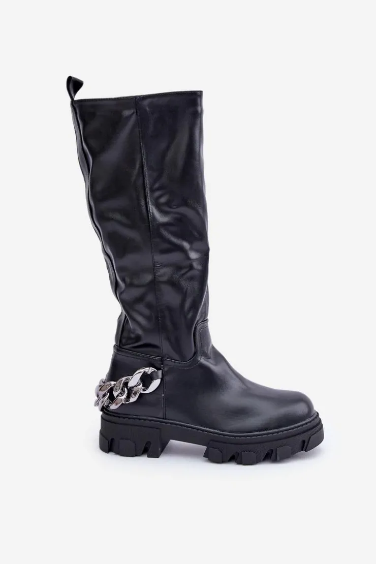Boto Kozaki Ocieplane|Kozaki Płaskie*Kozaki Na Płaskim Obcasie Z Łańcuchem Czarne Nauricette