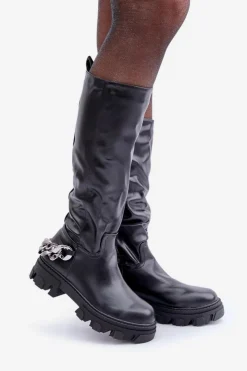 Boto Kozaki Ocieplane|Kozaki Płaskie*Kozaki Na Płaskim Obcasie Z Łańcuchem Czarne Nauricette