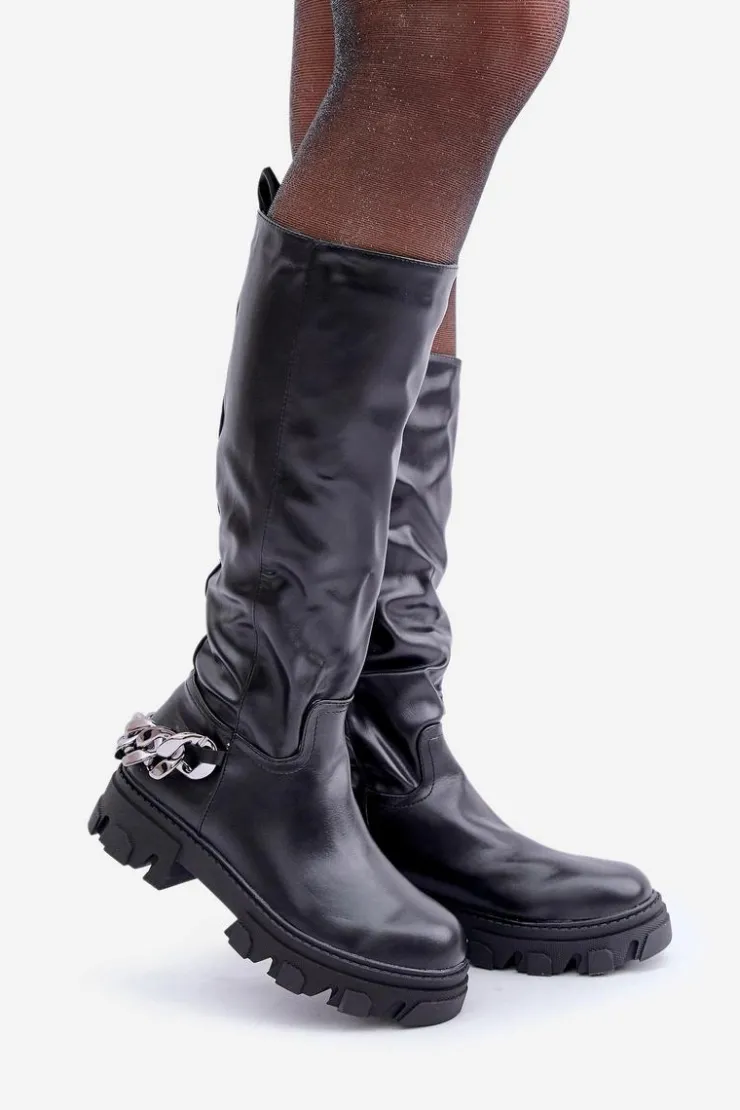 Boto Kozaki Ocieplane|Kozaki Płaskie*Kozaki Na Płaskim Obcasie Z Łańcuchem Czarne Nauricette