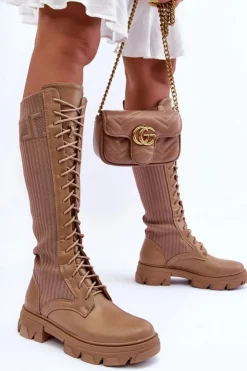 Damskie Boto Kozaki Na Płaskim Obcasie Ze Skarpetą Ciemnobeżowe Itona