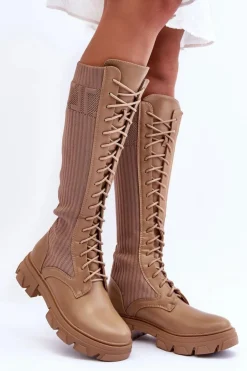 Damskie Boto Kozaki Na Płaskim Obcasie Ze Skarpetą Ciemnobeżowe Itona