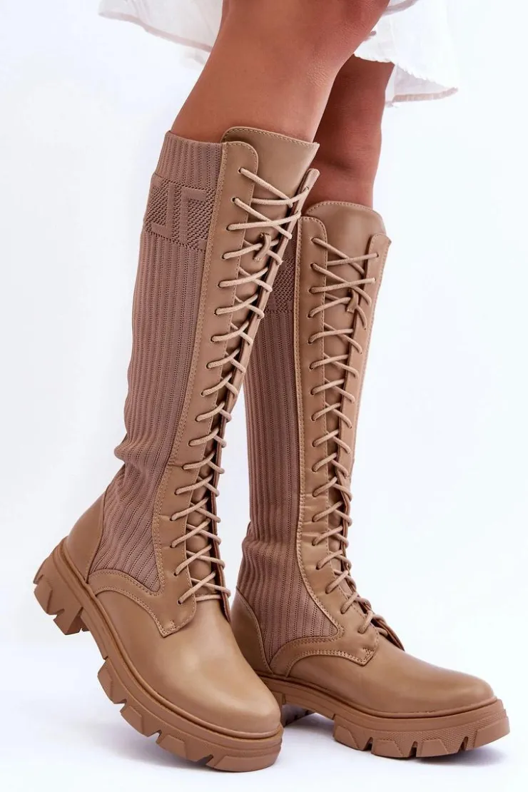 Damskie Boto Kozaki Na Płaskim Obcasie Ze Skarpetą Ciemnobeżowe Itona