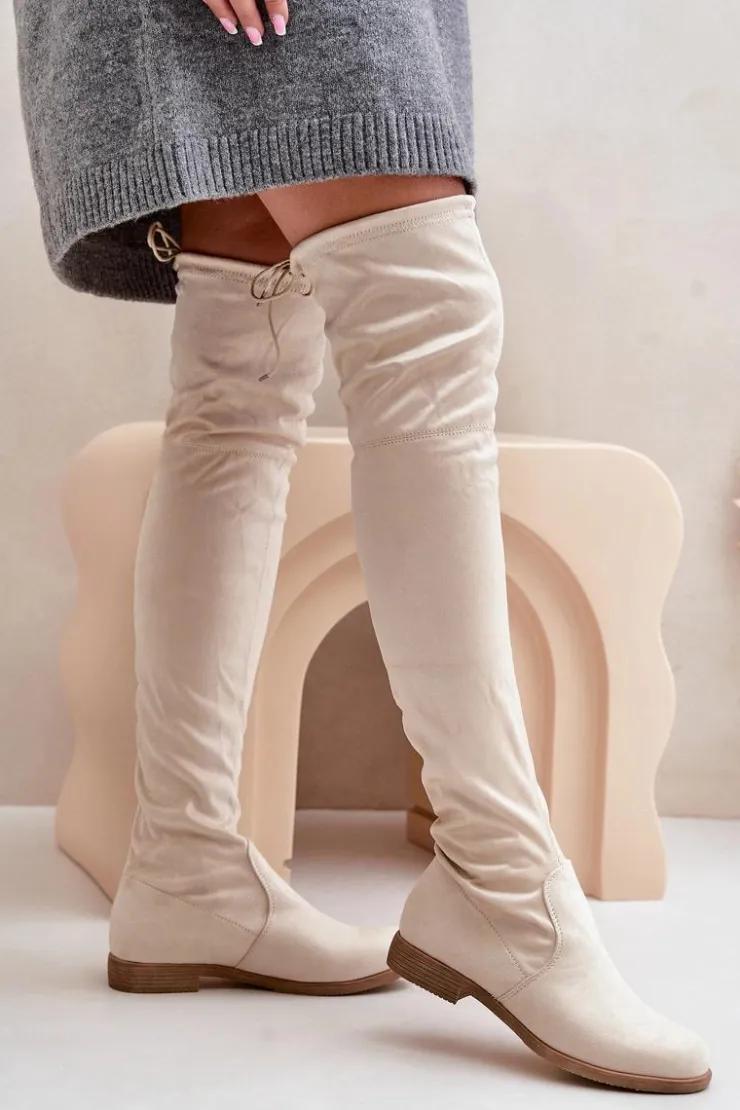 Clearance Boto Kozaki Na Płaskim Obcasie Za Kolano Z Eko Zamszu Beżowe Linnithia Beżowy