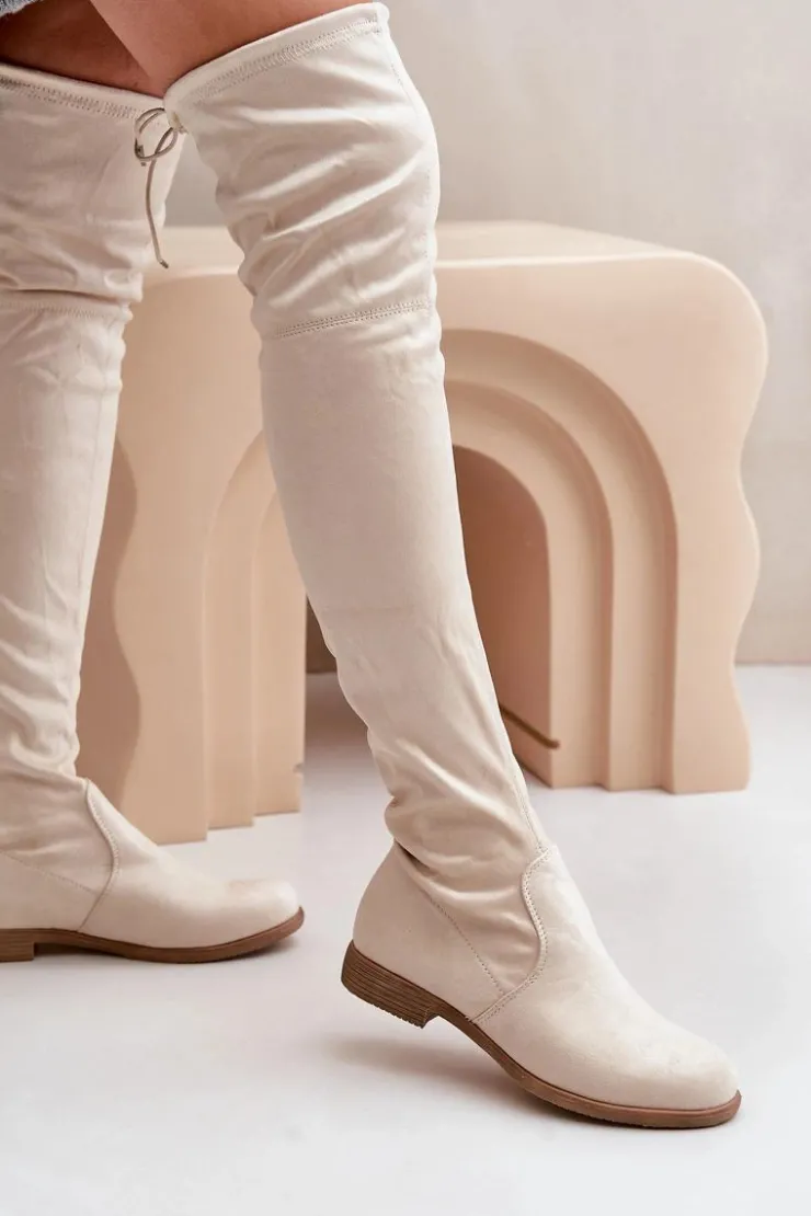 Clearance Boto Kozaki Na Płaskim Obcasie Za Kolano Z Eko Zamszu Beżowe Linnithia Beżowy