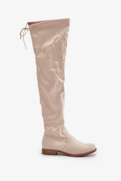 Clearance Boto Kozaki Na Płaskim Obcasie Za Kolano Z Eko Zamszu Beżowe Linnithia Beżowy