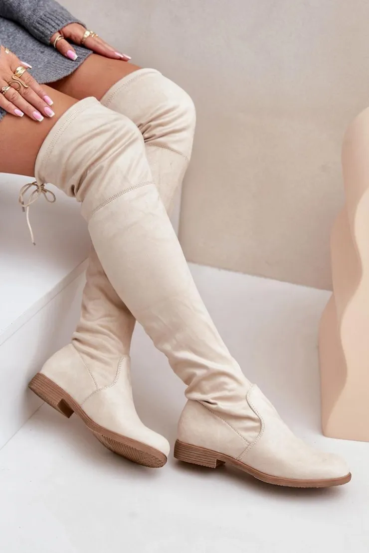 Clearance Boto Kozaki Na Płaskim Obcasie Za Kolano Z Eko Zamszu Beżowe Linnithia Beżowy