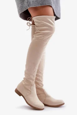 Clearance Boto Kozaki Na Płaskim Obcasie Za Kolano Z Eko Zamszu Beżowe Linnithia Beżowy