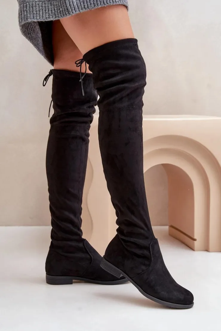 Boto Kozaki Na Płaskim Obcasie Za Kolano Z Eko Zamszu Czarne Linnithia