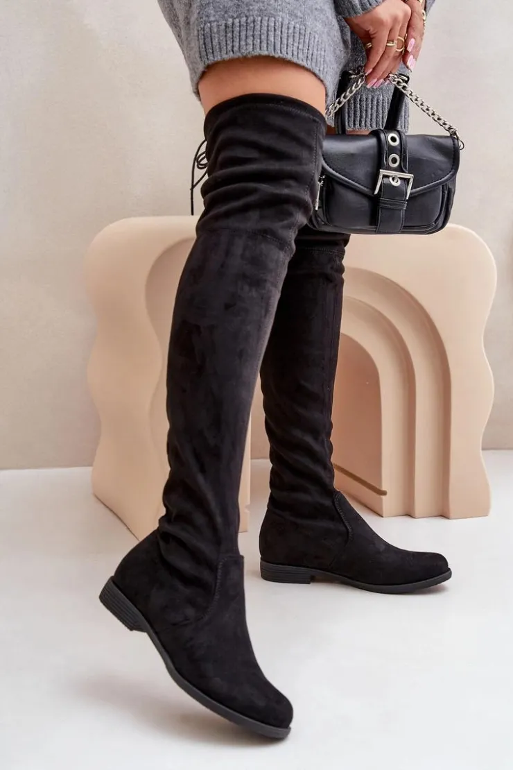 Boto Kozaki Na Płaskim Obcasie Za Kolano Z Eko Zamszu Czarne Linnithia