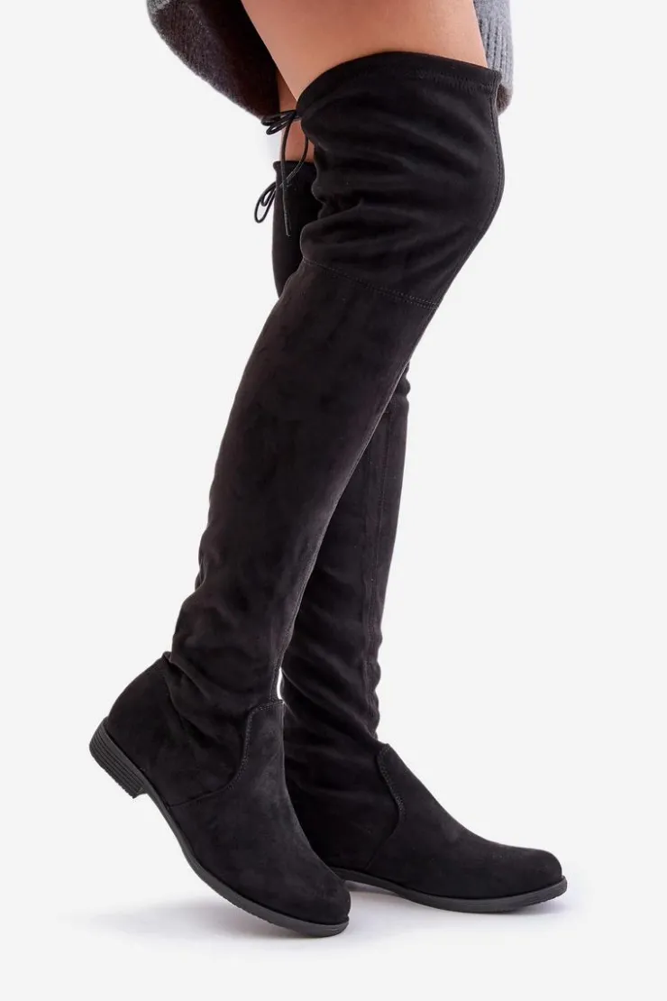 Boto Kozaki Na Płaskim Obcasie Za Kolano Z Eko Zamszu Czarne Linnithia