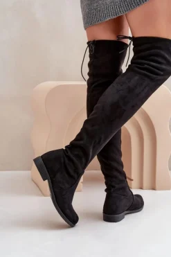 Boto Kozaki Na Płaskim Obcasie Za Kolano Z Eko Zamszu Czarne Linnithia