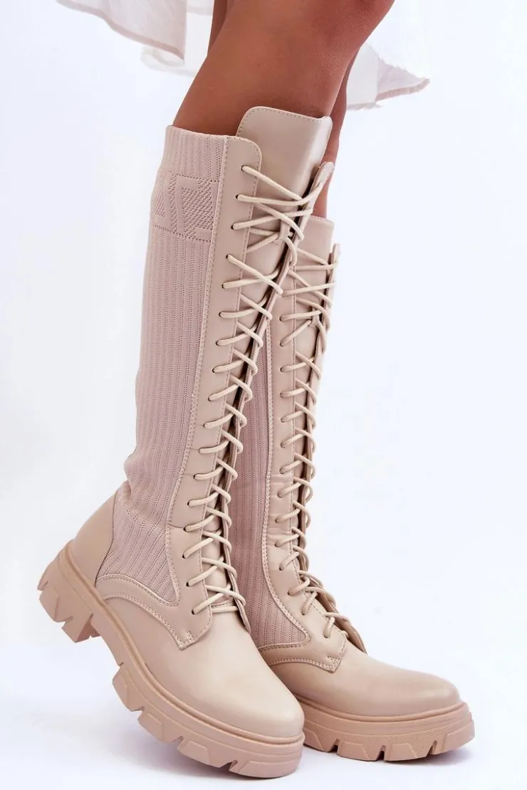 Clearance Boto Kozaki Na Płaskim Obcasie Ze Skarpetą Beżowe Itona