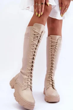 Clearance Boto Kozaki Na Płaskim Obcasie Ze Skarpetą Beżowe Itona