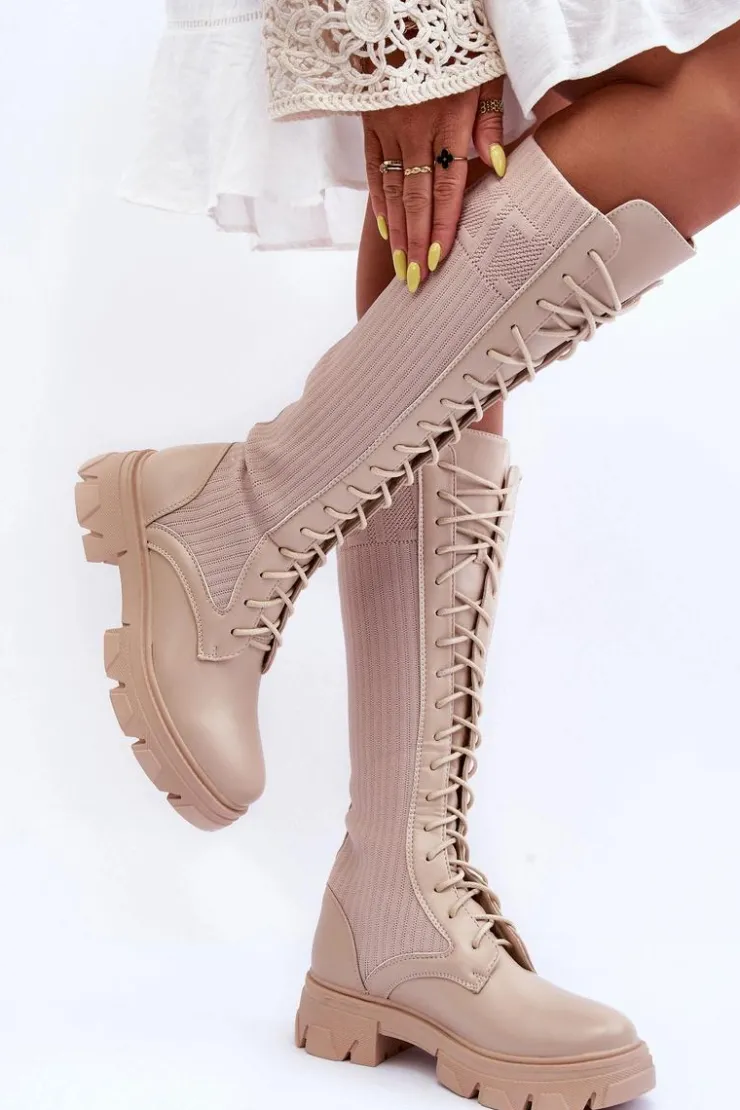 Clearance Boto Kozaki Na Płaskim Obcasie Ze Skarpetą Beżowe Itona