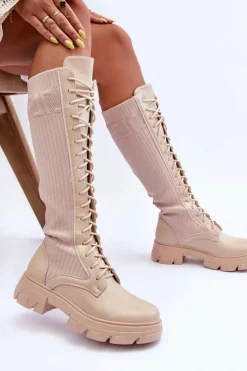 Clearance Boto Kozaki Na Płaskim Obcasie Ze Skarpetą Beżowe Itona