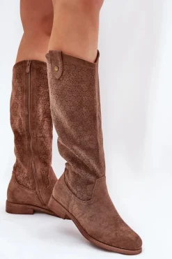 Online Damskie buty S.Barski Kozaki Na Płaskim Obcasie Z Ażurowym Wzorem S.Barski HY51-062 Brązowe Brązowy