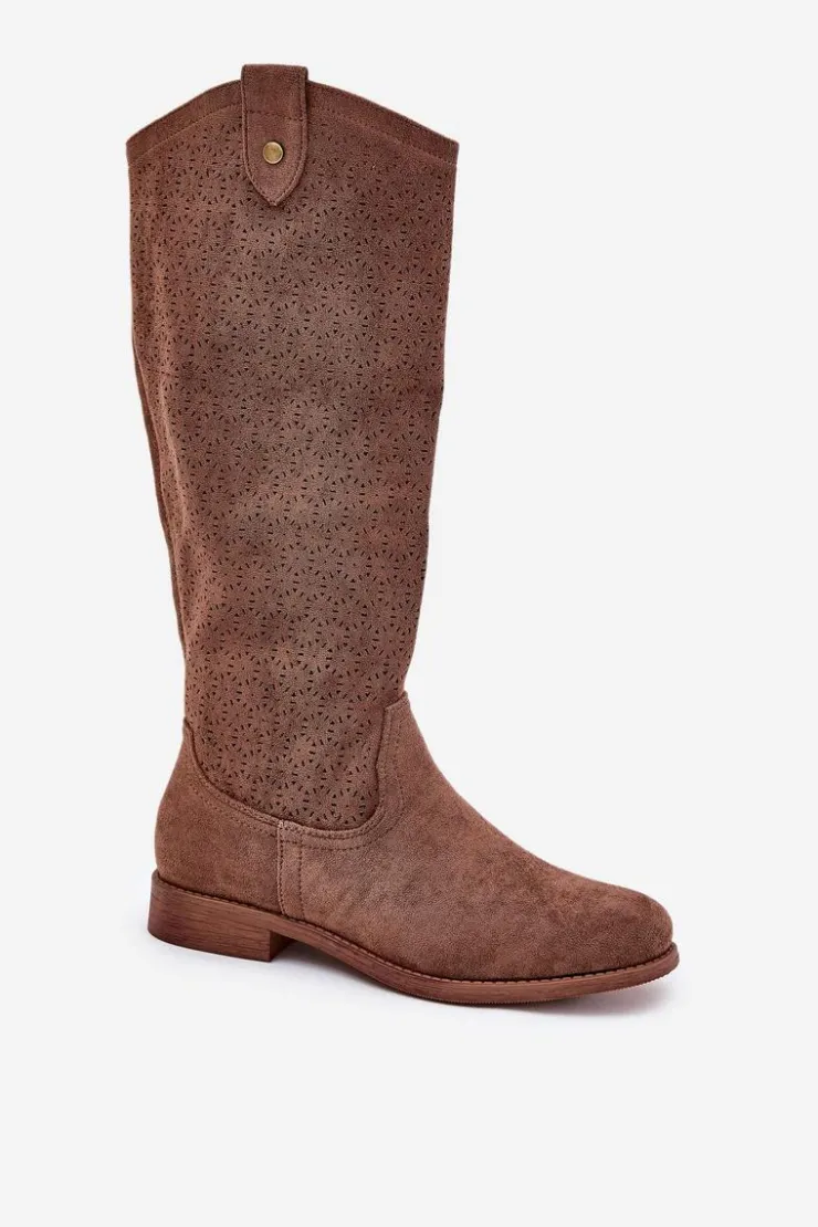 Online Damskie buty S.Barski Kozaki Na Płaskim Obcasie Z Ażurowym Wzorem S.Barski HY51-062 Brązowe Brązowy