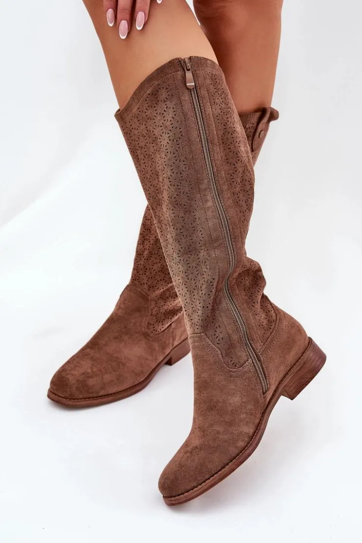 Online Damskie buty S.Barski Kozaki Na Płaskim Obcasie Z Ażurowym Wzorem S.Barski HY51-062 Brązowe Brązowy