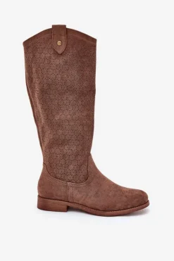 Online Damskie buty S.Barski Kozaki Na Płaskim Obcasie Z Ażurowym Wzorem S.Barski HY51-062 Brązowe Brązowy