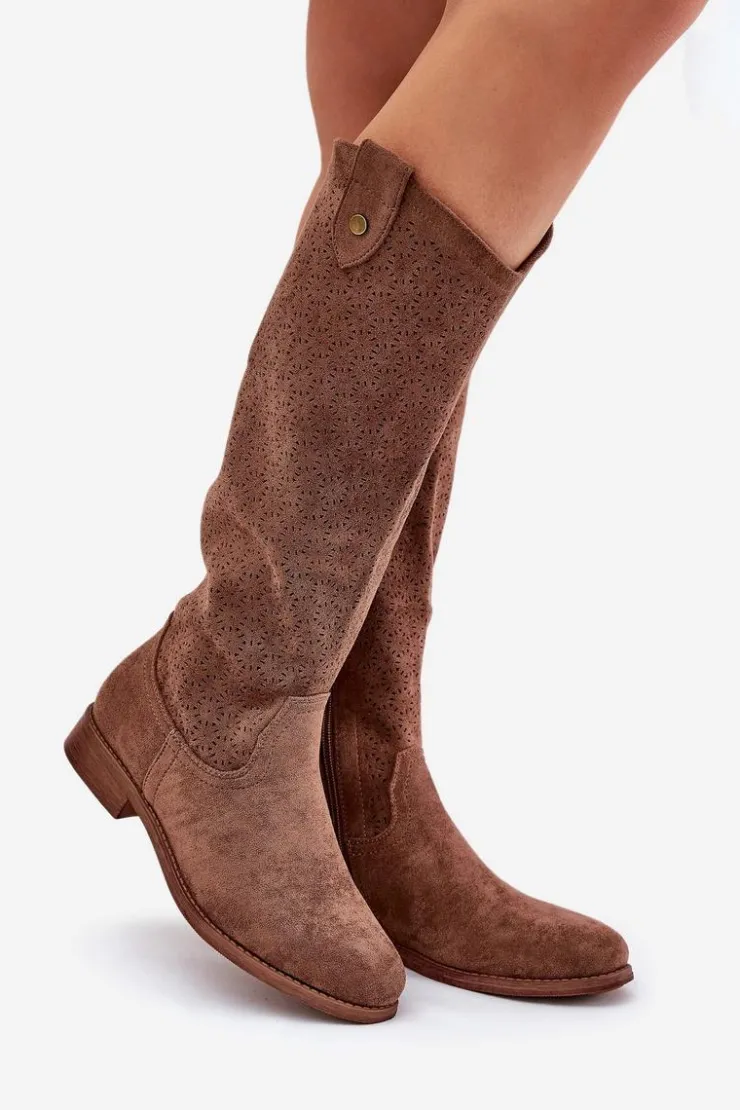 Online Damskie buty S.Barski Kozaki Na Płaskim Obcasie Z Ażurowym Wzorem S.Barski HY51-062 Brązowe Brązowy