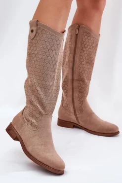 Damskie Damskie buty S.Barski Kozaki Na Płaskim Obcasie Z Ażurowym Wzorem S.Barski HY51-062 Beżowe