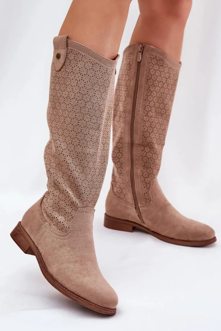 Damskie Damskie buty S.Barski Kozaki Na Płaskim Obcasie Z Ażurowym Wzorem S.Barski HY51-062 Beżowe