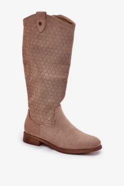 Damskie Damskie buty S.Barski Kozaki Na Płaskim Obcasie Z Ażurowym Wzorem S.Barski HY51-062 Beżowe