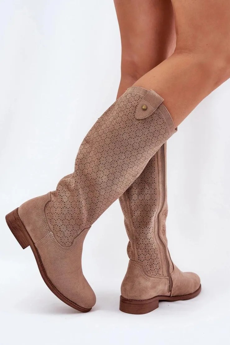 Damskie Damskie buty S.Barski Kozaki Na Płaskim Obcasie Z Ażurowym Wzorem S.Barski HY51-062 Beżowe