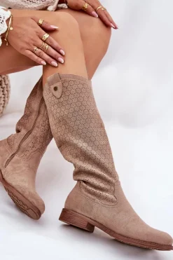 Damskie Damskie buty S.Barski Kozaki Na Płaskim Obcasie Z Ażurowym Wzorem S.Barski HY51-062 Beżowe