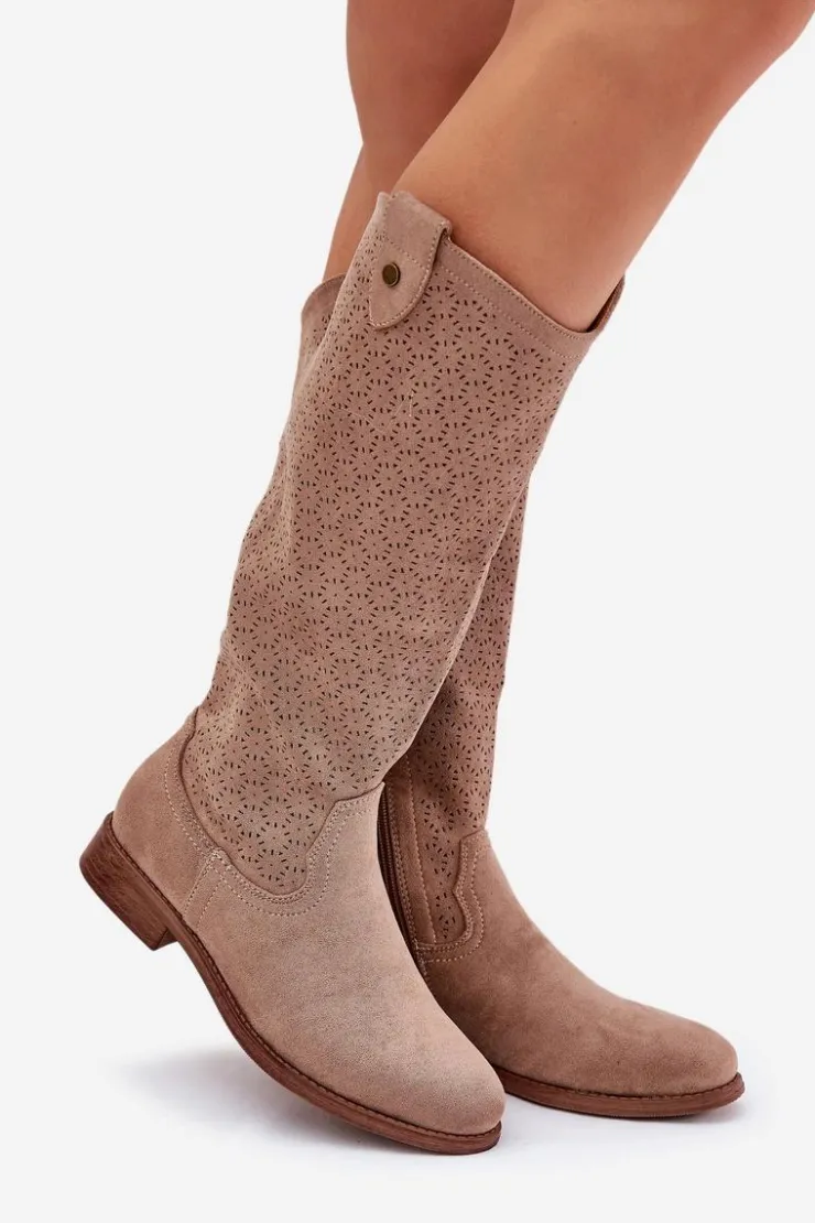 Damskie Damskie buty S.Barski Kozaki Na Płaskim Obcasie Z Ażurowym Wzorem S.Barski HY51-062 Beżowe