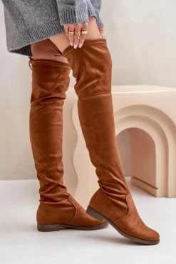 Boto Muszkieterki|Kozaki Za Kolano*Kozaki Na Płaskim Obcasie Za Kolano Z Eko Zamszu Camel Linnithia Brązowy